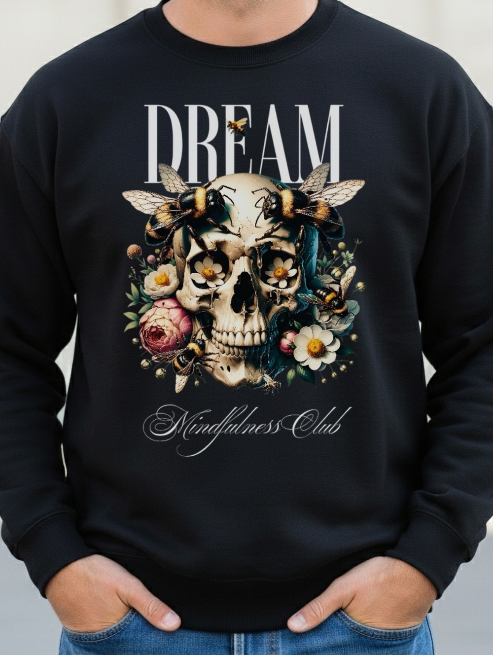 Black 'Dream' Skull Floral Graphic Sweater - Men